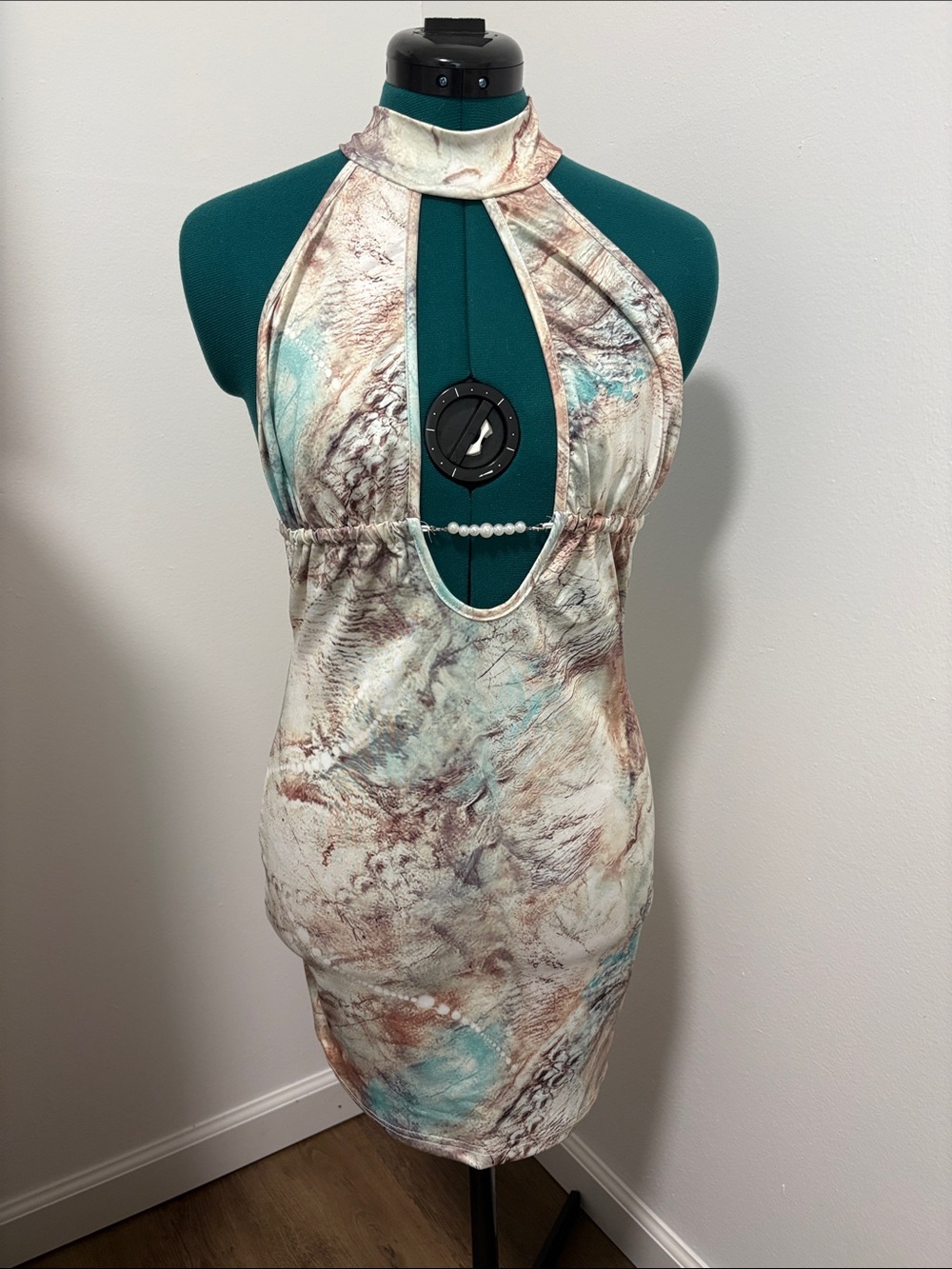 SHEIN Marble Halter Mini Dress in Aqua, Cream, and Sand